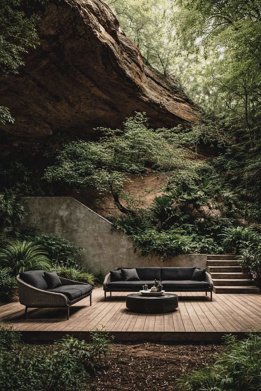 Timber deck and lounge set among trees and natural stone