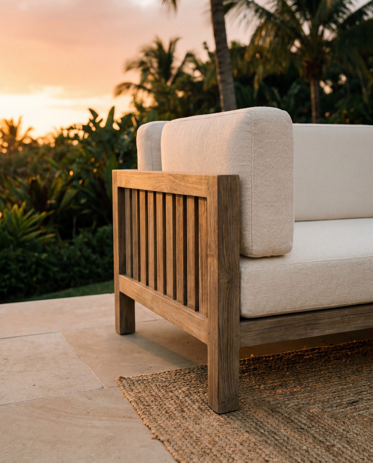 Teak lounge furniture styled on a finished terrace at golden hour