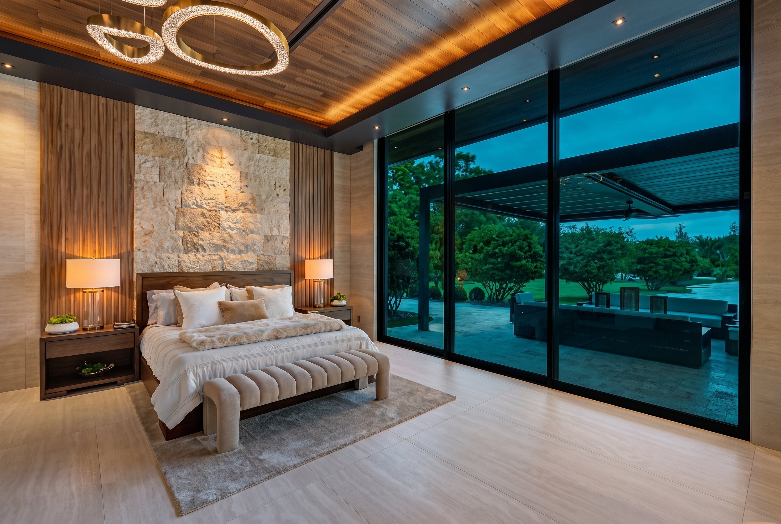 Primary suite with coral stone wall opening through glass sliders to the covered pergola lounge