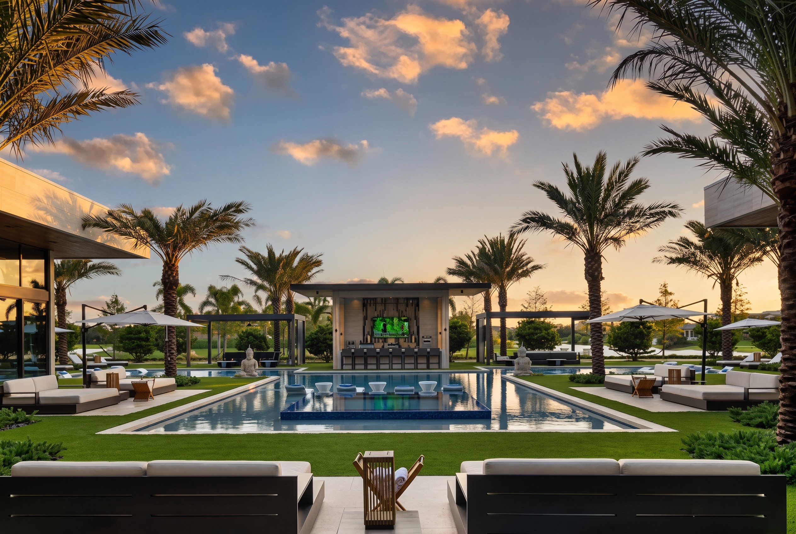 Axial view down the pool toward the swim-up bar pavilion, flanked by palms at golden hour