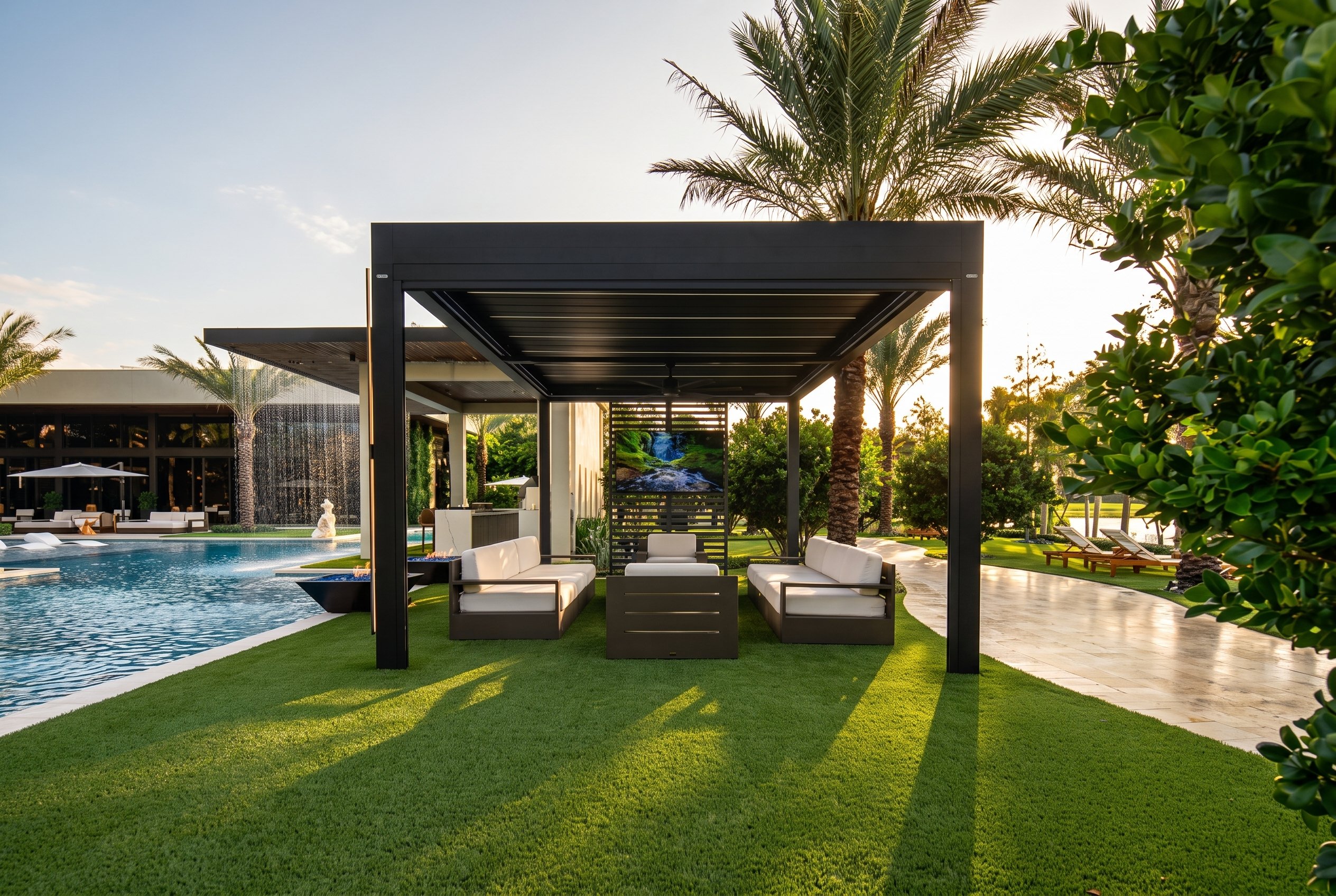 Poolside bioclimatic pergola with white lounge sofas beside the water