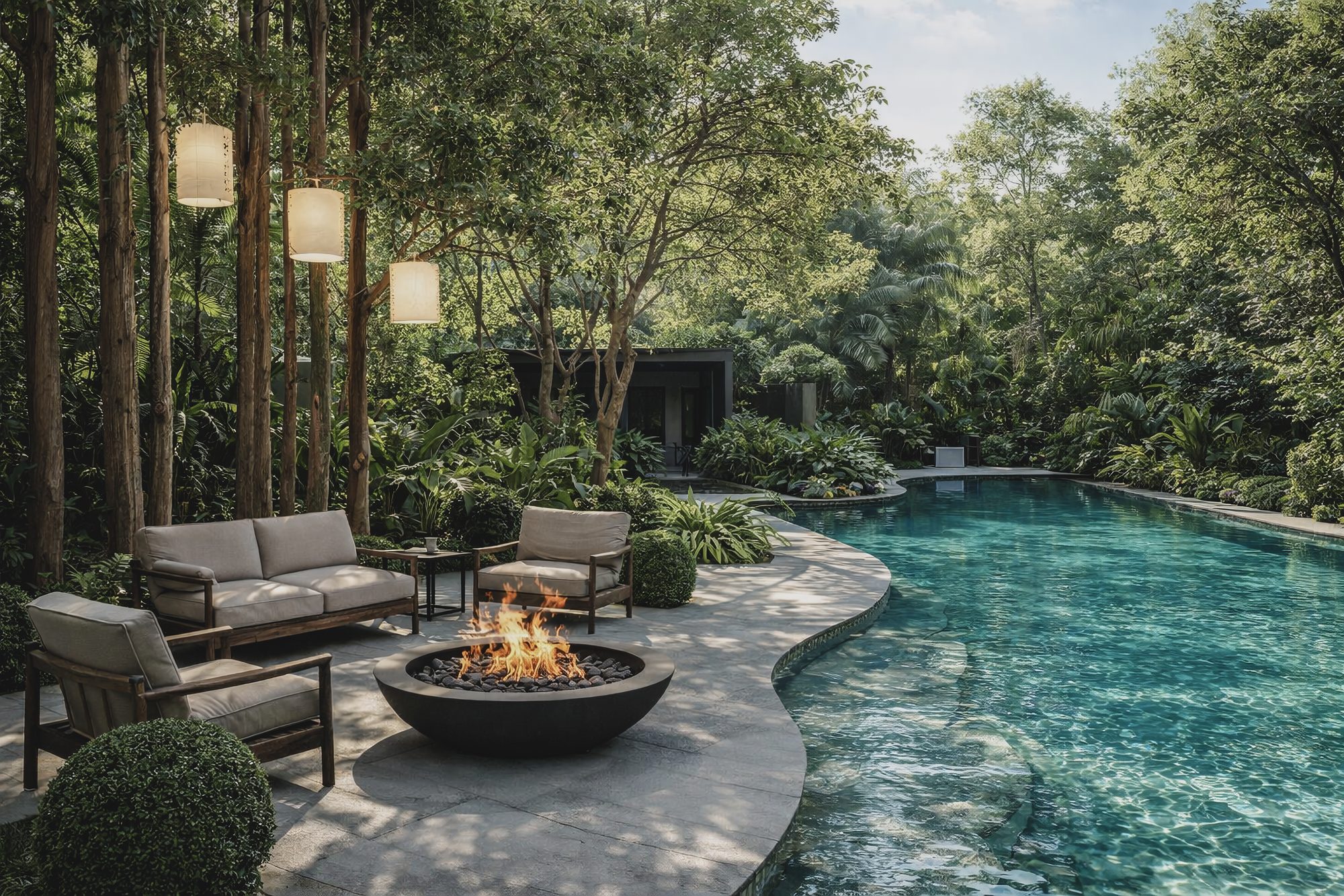 Custom pool at twilight with integrated lighting and planting