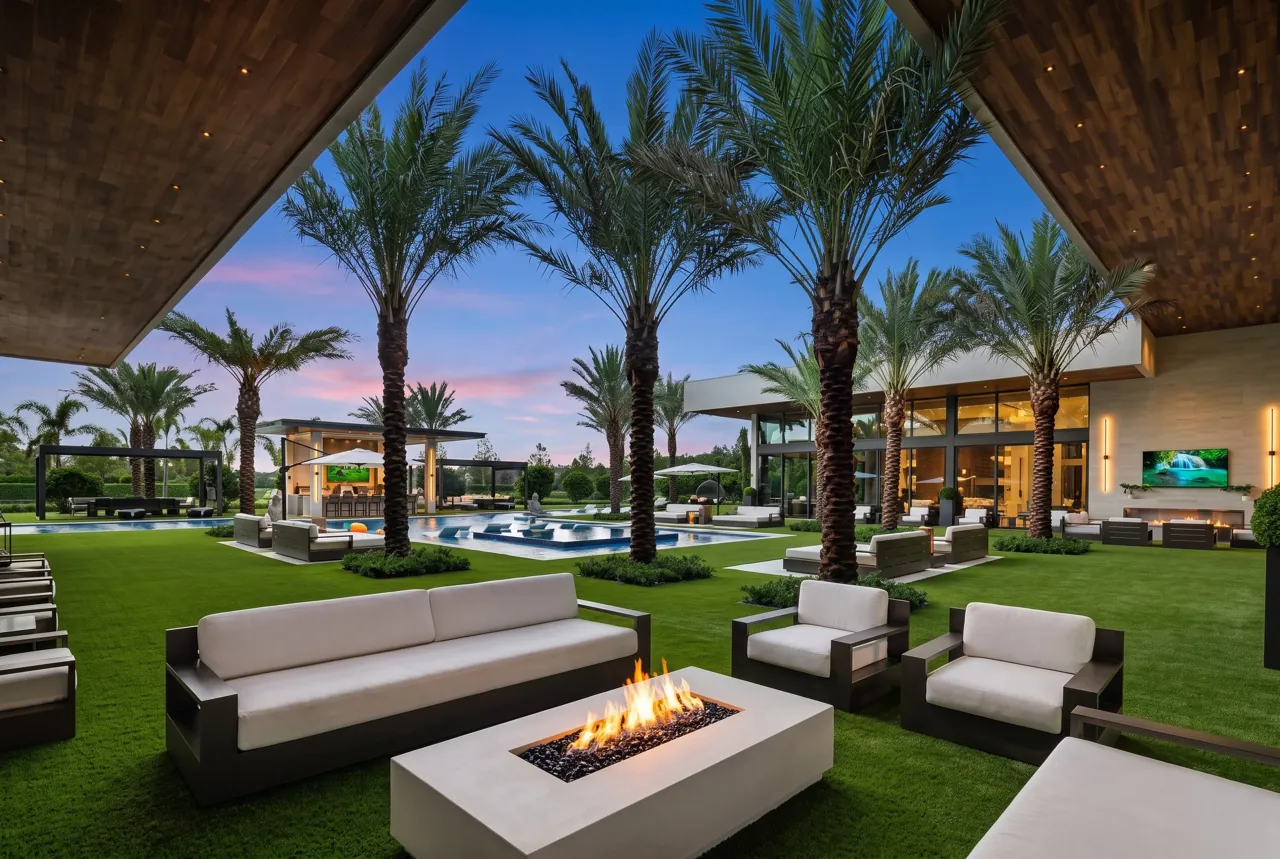 Casa Maranello poolside setting at dusk with pergolas and lounge seating