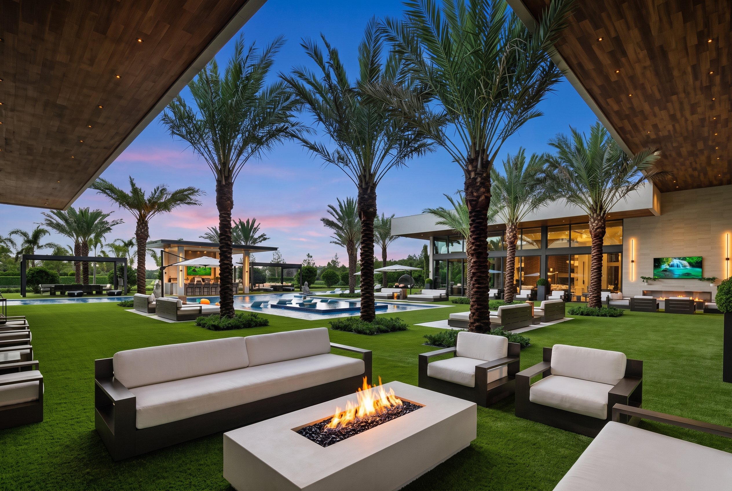 Casa Maranello poolside lounges and pergolas at twilight